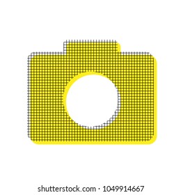 Digital camera sign. Vector. Yellow icon with square pattern duplicate at white background. Isolated.