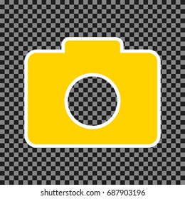 Digital camera sign. Vector. Yellow icon with white contour on dark transparent background.