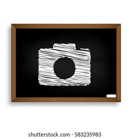 Digital camera sign. White chalk icon on black school board with