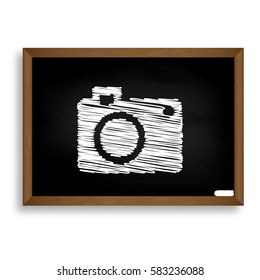 Digital camera sign. White chalk icon on black school board with