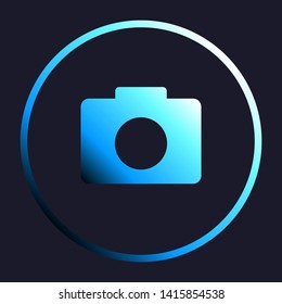 Digital camera sign. White, cyan and blue gradient icon as round button in white shell at dark blue background. Illustration.