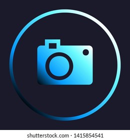 Digital camera sign. White, cyan and blue gradient icon as round button in white shell at dark blue background. Illustration.