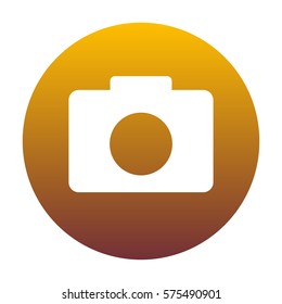 Digital camera sign. White icon in circle with golden gradient as background. Isolated.