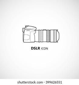 Digital camera symbol. DSLR camera line art stylized icon.