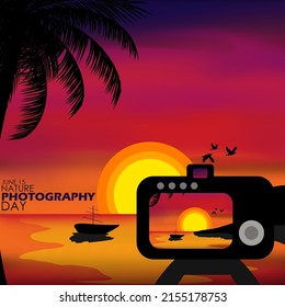 A digital camera taking pictures of a beautiful sunset with bold texts, Nature Photography Day June 15