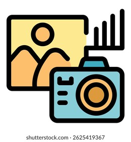 Digital camera is transferring landscape photo with signal graph, representing image processing and transmission
