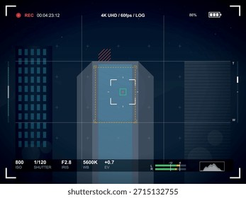 Un visor de cámara digital muestra varios parámetros de disparo, incluyendo Estado de grabación, resolución, frecuencia de fotogramas, nivel de batería y Configuraciones de exposición. La retícula de enfoque y el monitor de forma de onda también son visibles.