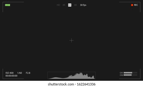 Digital camera viewfinder. Video screen of DSLR camera. Frame interface with point of focus, battery indicator, histogram and rec status. Digital recorder display. Vector Illustration, EPS10