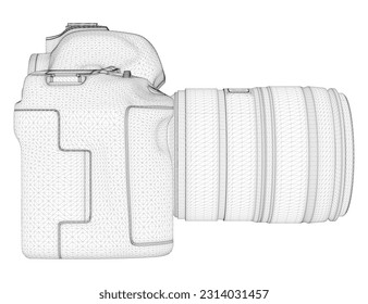 Digital camera wireframe with black lines lens isolated on white background. Side view. 3D. Vector illustration.
