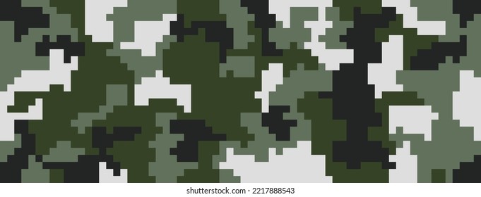 Digital Camo Background. Seamless Camouflage Pattern. Military Texture. Khaki Green Forest Color. Vector Fabric Textile Print Designs.