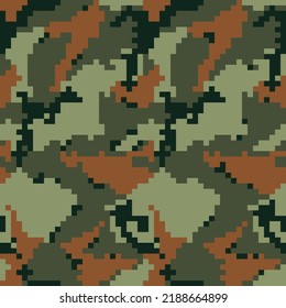 
Digital camo green pixelated seamless print, military uniform. Forest print.