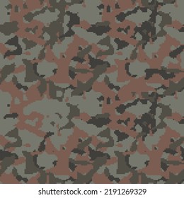 Digital camouflage background. Seamless pixeled camo pattern. Military texture. Khali green dark color. Vector fabric textile print designs. 
