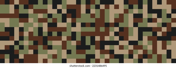 Digital camouflage in brown and green tones. Seamless vector pattern. Pixel grid for military themes and creative ideas