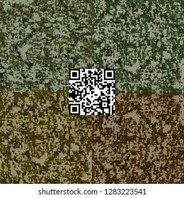 Digital camouflage four seamless patterns set. Classic woodland khaki colors pixelated military texture. Repeating modern stylish fabric textile background with QR data Pixel Camo Fashion