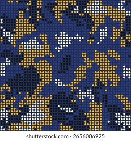 Camuflaje digital de la pantalla led. Fondo de camuflaje de mosaico de semitono, textura de puntos. Patrón de forma de píxel sin fisuras. Impresiones brillantes azules, amarillas y blancas sobre tela. Fondo de pantalla de Vector