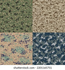 Digital Camouflage, Military x4 Styles. Blue, Green, Brown Seamless Repeat Patterns. Great for fashion, stationery, gaming texture projects. Army, Navy Desert, Woodland, Combat - Vector Illustration