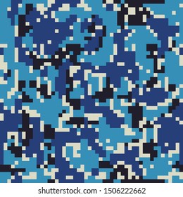 Digital camouflage pattern background, seamless vector illustration. Classic military clothing style. Masking army camo, repeat print for wallpapers or prints on fabric. Blue, sea colors.