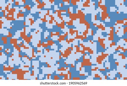 Digital Camouflage Pattern Background, Seamless Vector Illustration. Military Clothing Style. Masking Army Camo, Repeat Print For Wallpapers Or Prints On Fabric. Blue Sea And Orange Colors.