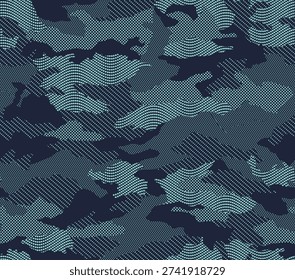 Digital camouflage pattern featuring layered blue and gray abstract shapes with dotted and striped textures. A modern tactical design ideal for apparel, textiles, backgrounds, and graphic projects.