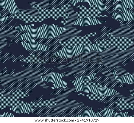 Digital camouflage pattern featuring layered blue and gray abstract shapes with dotted and striped textures. A modern tactical design ideal for apparel, textiles, backgrounds, and graphic projects.