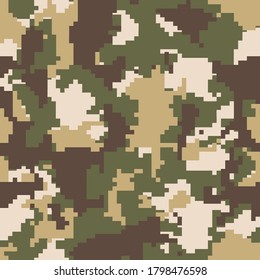 Digital camouflage seamless pattern Classic clothing style masking camo repeat print. Green, brown, ocher colors. Military texture. Vector illustration