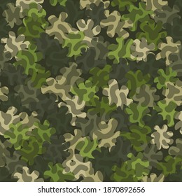 Digital camouflage seamless pattern. Ornate spots and stripes for green forest military texture. Abstract army or hunting masking ornament. Classic background. Vector design illustration.