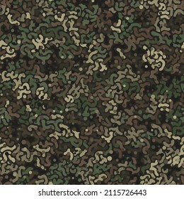 Digital camouflage seamless pattern. Ornate spots and stripes for autumn forest military texture. Abstract army or hunting masking ornament. Classic background. Vector design illustration.