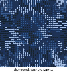 Digital camouflage seamless pattern for your design. Navy blue halftone dots camouflage, military fabric. Vector camo texture. 