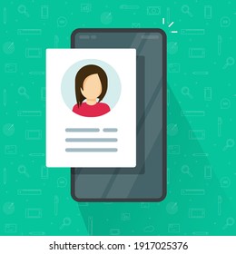 Digital candidate personal contact information data review on mobile cell phone vector flat cartoon illustration, concept of cellular smartphone my account profile icon with credentials customer info