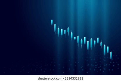 Digital candle stick in bear stock market. Prolonged drop in investment prices. Futuristic light graph chart. Fall of broad market index concept. Vector illustration in technological hologram style.