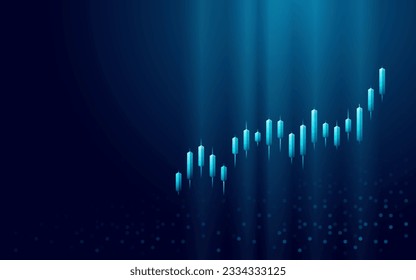 Digital candle stick in bull stock market. Rise of stock prices concept. Futuristic light graph chart. Growth of broad market index concept. Vector illustration in technological hologram style.