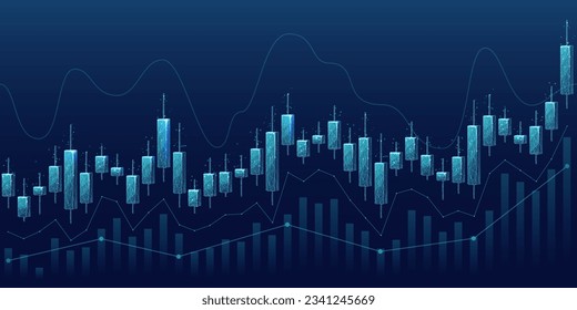 Digital candlestick graph chart of stock in futuristic low poly wireframe style. Web banner of trading cryptocurrency concept. Abstract market investment exchange on technological blue background.