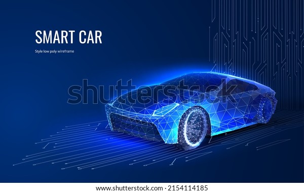 Digital car in a futuristic style.\
Сoncept for a banner or landing page for the presentation of\
automotive technology. Vector illustration with light effect and\
neon