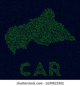 Digital CAR logo. Country symbol in hacker style. Binary code map of CAR with country name. Classy vector illustration.