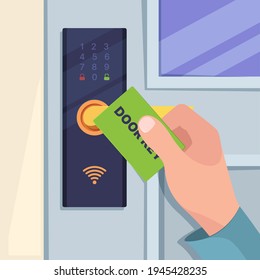 Digital card for handle door. Hand holding wireless card for smart electronic lock with sensor reader in hotel room key machine control system garish vector concept