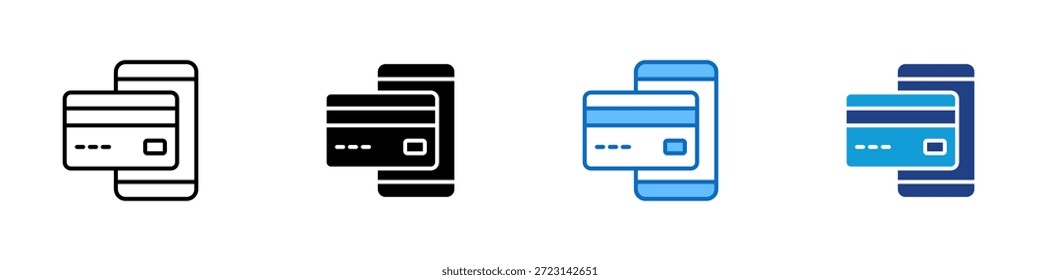 Vector de diseño de íconos de estilo múltiple de tarjeta digital: tarjeta de pago digital que se muestra con un teléfono inteligente, que representa transacciones bancarias móviles o en línea