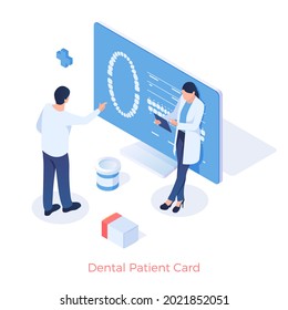 Digital card of patient dentistry. Dentists look at clients dental pictures in online document. Web treatment account with medical health data. Vector illustration isometric template