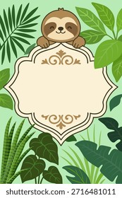 Plantilla de tarjeta digital, Ilustración de un lindo perezoso rodeado de exuberantes hojas tropicales, ideal para la marca temática de la naturaleza o materiales educativos.