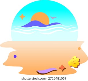 Plantilla de tarjeta digital, una escena de playa escénica con una puesta de sol, pez globo, conchas y arenas de colores, ideal para viajes o temas de relajación.