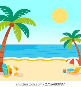 Modelo de cartão digital, Paisagem de praia vibrante adequado para viagens, lazer, e conteúdo digital temático de férias e materiais promocionais.