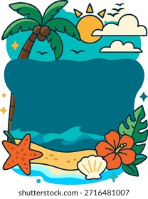 Digital card template, Vibrant beach scene featuring palm trees, ocean waves, sunset, and coastal elements, suitable for travel or relaxation content.