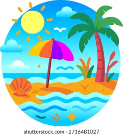 Plantilla con tarjeta digital, playa vibrante con sol, palmeras, sombrilla y olas, ideal para viajes y promociones de ocio.