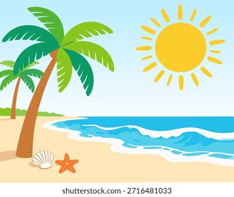 Plantilla de tarjeta digital, escena de playa vibrante adecuado para viajes, campañas de verano y promociones de vacaciones tropicales.