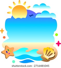 Plantilla de tarjeta digital, paisaje de playa vibrante con sol, olas del océano, conchas de mar y estrellas de mar, ideal para viajes y temas de vacaciones.