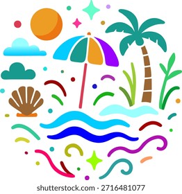 Modelo de cartão digital, cenário de praia vibrante com palmeiras, guarda-chuva e ondas ideais para viagens, lazer ou conteúdo de turismo.