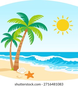 Plantilla de tarjeta digital, una ilustración vibrante de la escena de la playa conveniente para los viajes, el ocio, y el contenido temático de las vacaciones y las promociones.