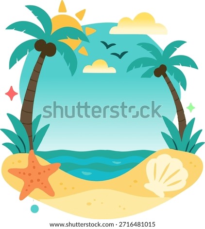 Digital card template, Vibrant beach illustration suitable for travel websites, marketing, and summer campaigns.