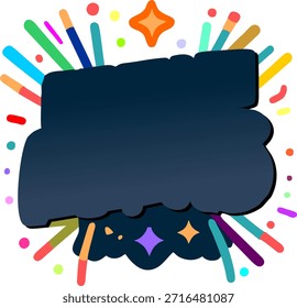 Plantilla de tarjeta digital, gráfico de celebración vibrante con fuegos artificiales, estrellas y confeti, ideal para contenido promocional festivo y de eventos.