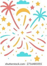 Modelo de cartão digital, explosão de fogos de artifício vibrantes adequados para celebrações, banners, promoções de eventos e web design festivo.