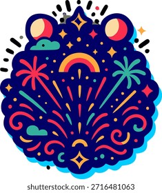 Modelo de cartão digital, explosão de fogos de artifício vibrantes com cores brilhantes, adequado para a promoção de eventos festivos ou projetos temáticos de celebração.